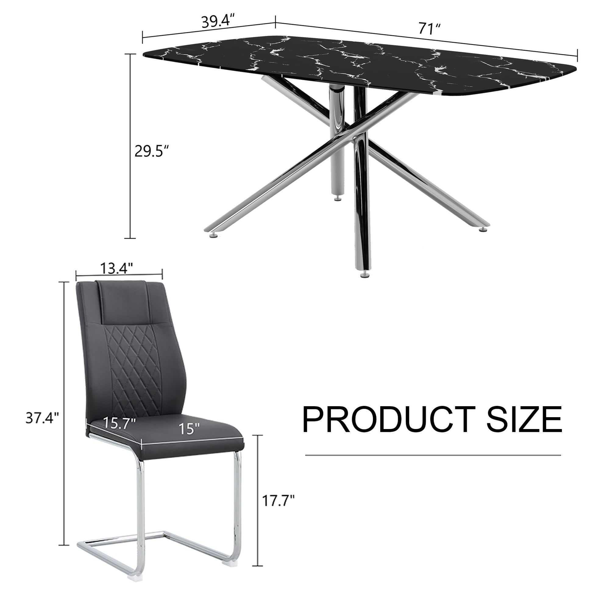 Table And Chair Set, Large Modern Minimalist Rectangular Dining Table, 0.39 "Imitation Marble Tabletop And Silver Metal Legs, Soft Leather Seats. F 1537 Silver Glass Metal