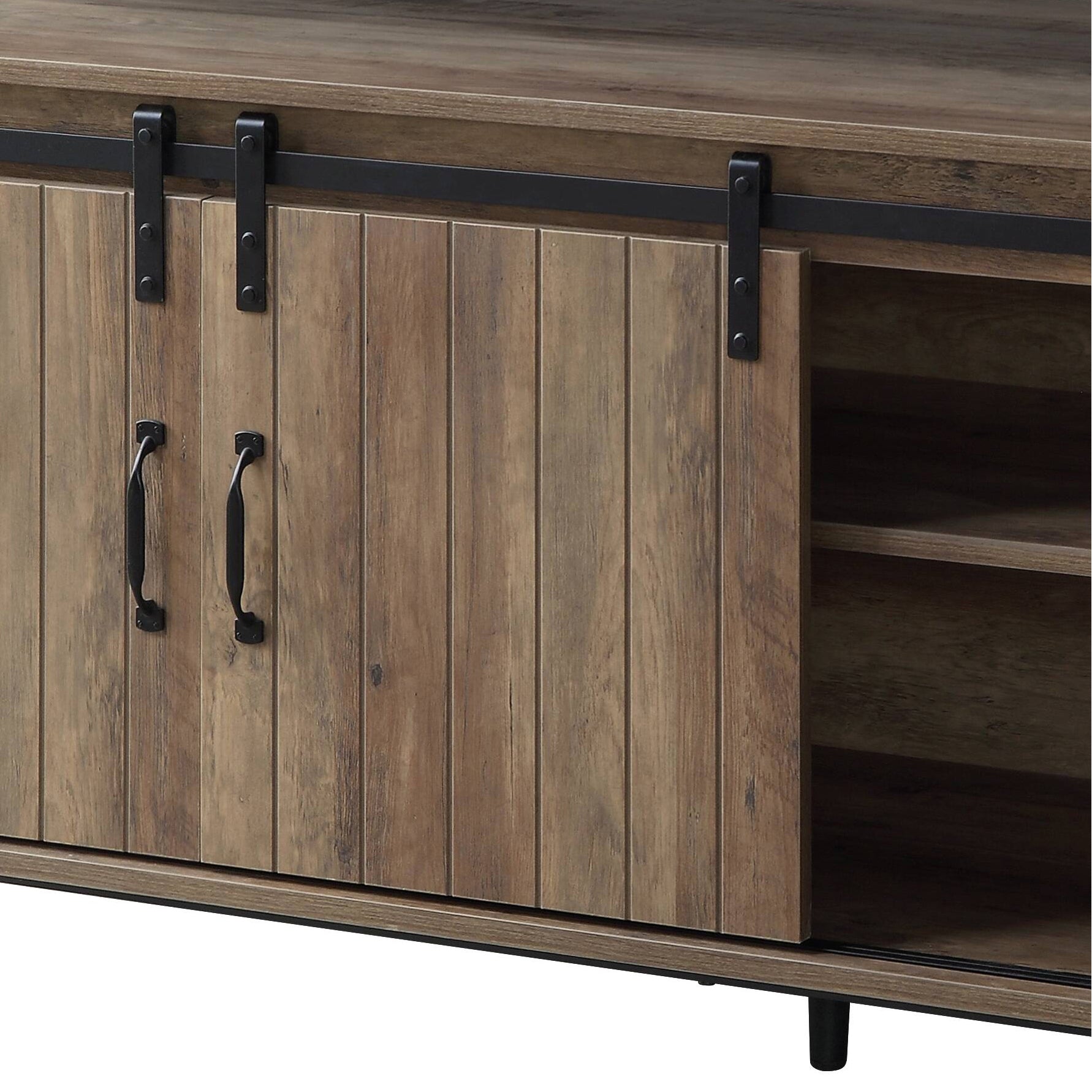 Rustic Oak And Black Tv Stand With Sliding Barn Door Oak Primary Living Space 50 59 Inches 50 59 Inches Paper Composite