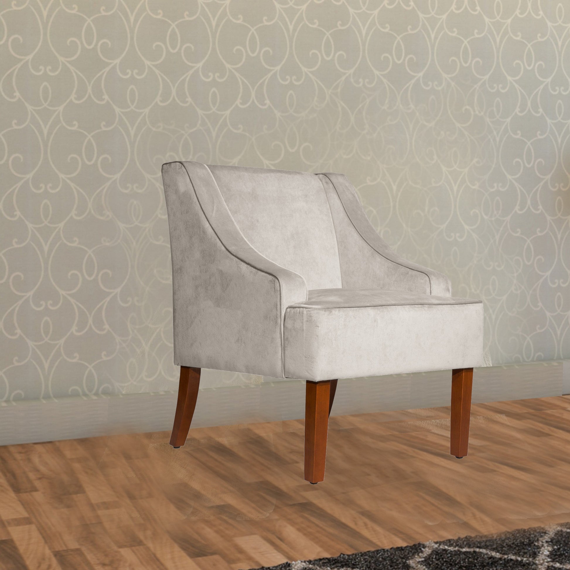 Velvet Fabric Upholstered Wooden Accent Chair With Swooping Armrests, Gray And Brown Light Gray Wood Fabric