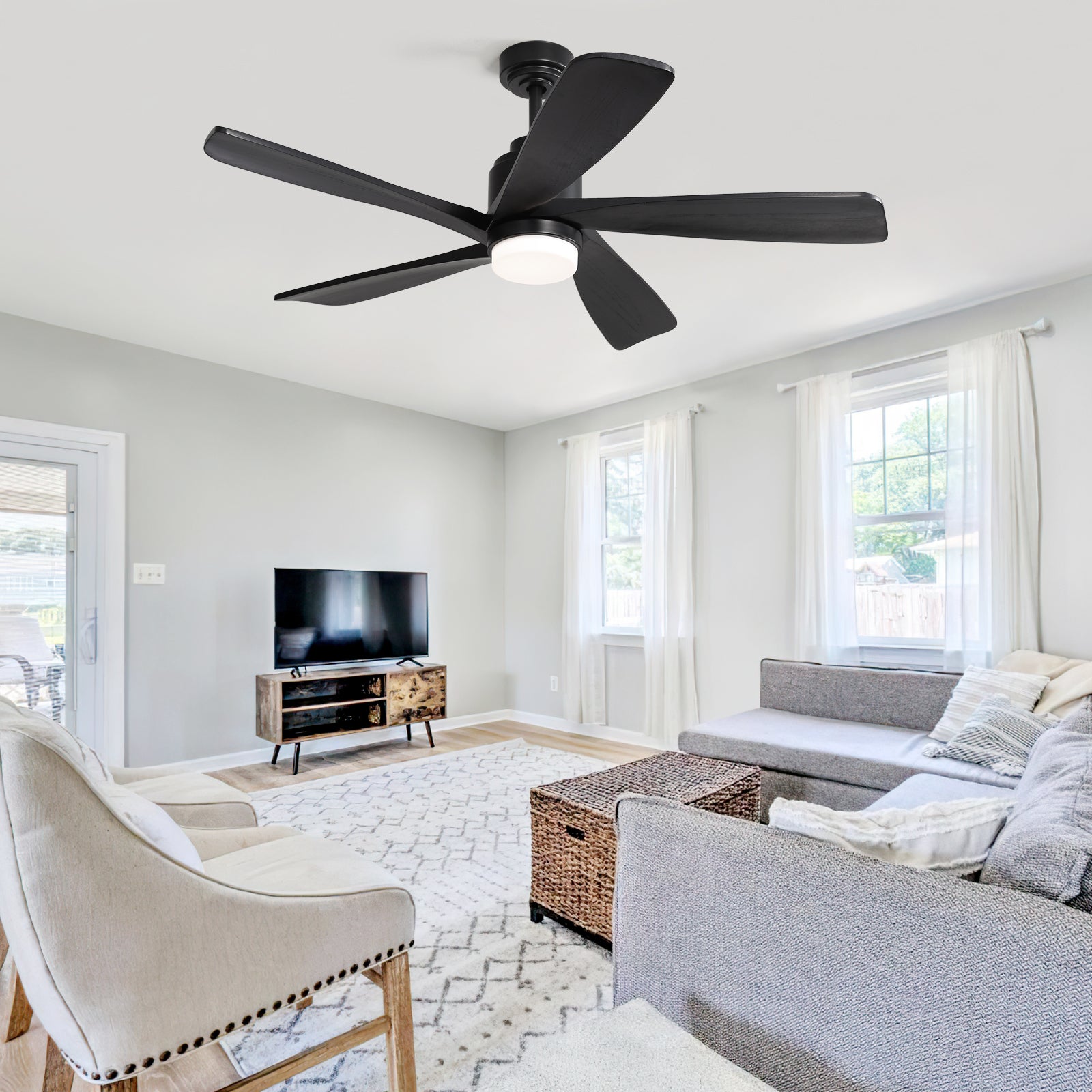 52 Inch Ceiling Fan With Dimmable Led Light 5 Solid Wood Blades Smart Remote Control Reversible Dc Motor Ceiling Fan Black For Home Black Metal & Wood