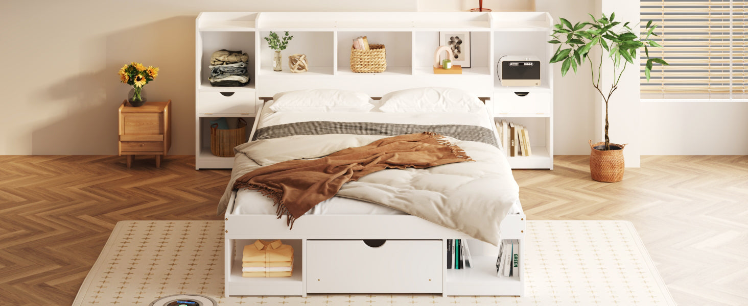 Queen Size Wood Platform Bed With Multi Storage Headboard And A Drawer, White Box Spring Not Required Queen White Wood Bedroom Bed Frame Solid Wood Mdf
