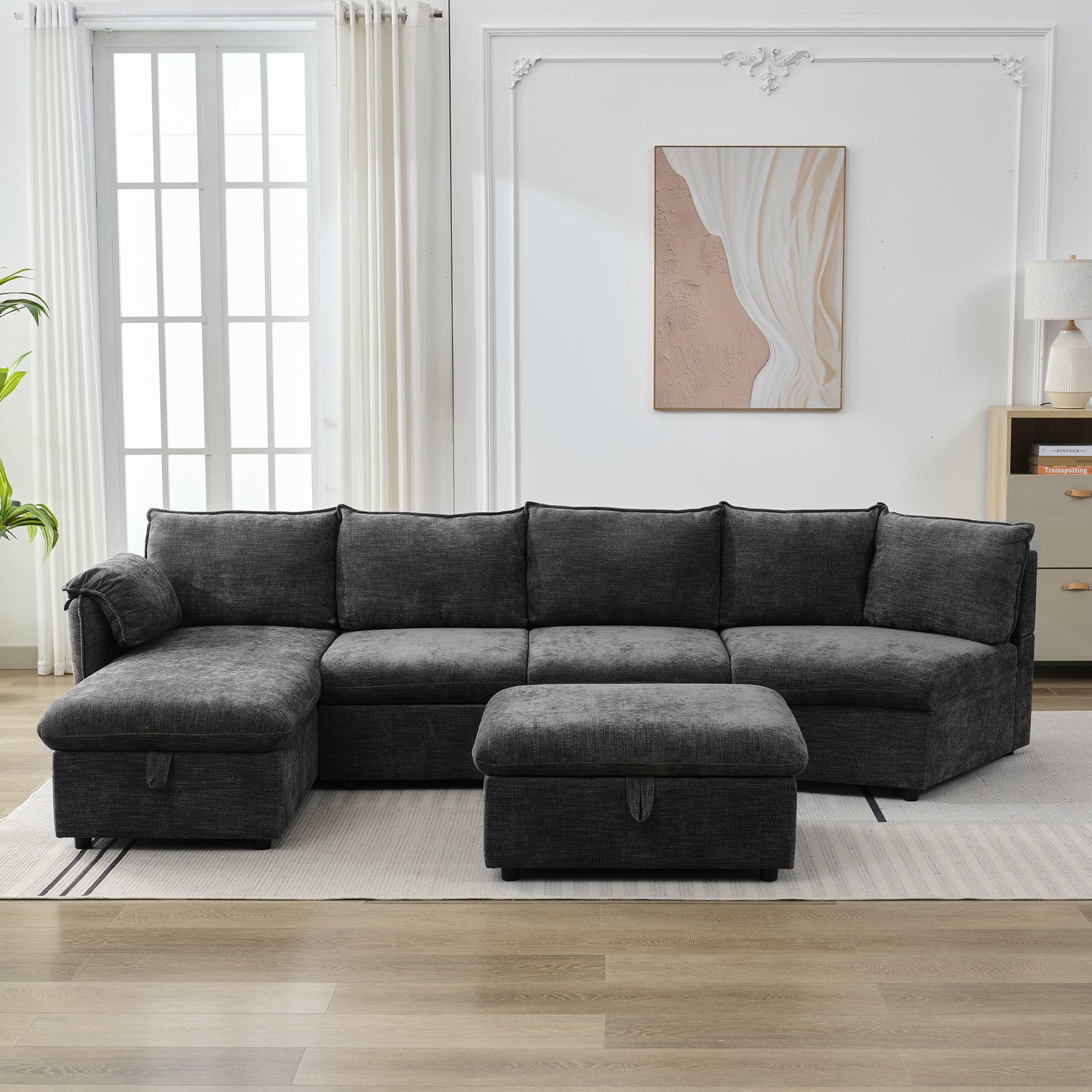 146.9" L Shaped Sofa Sectional Sofa Couch Pull Out Sofa Bed With A Movable Storage Ottoman, A Storage Chaise Lounge And Two Usb Ports For Living Room, Grey Grey Foam Linen 5 Seat