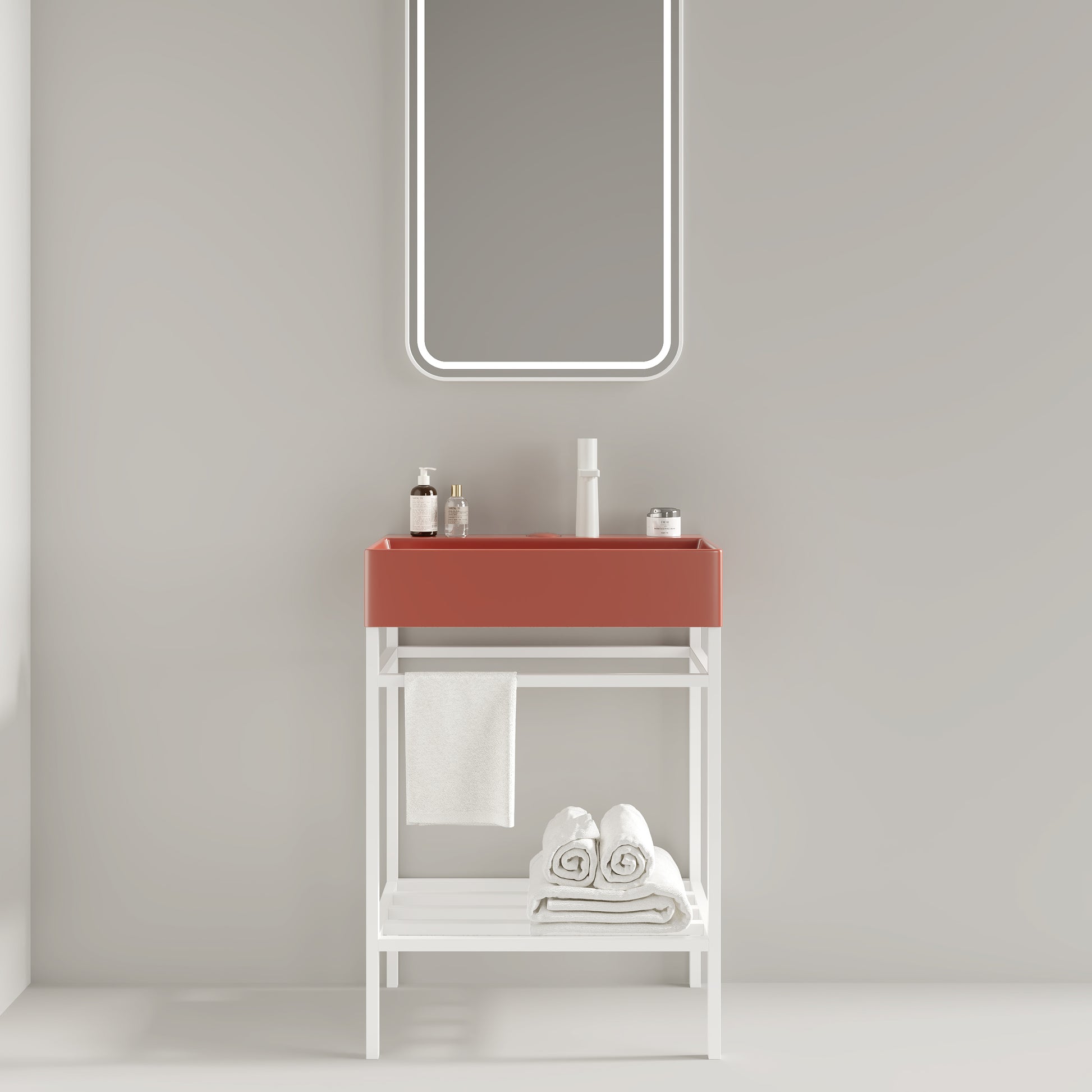 Lofi 24" Bathroom Vanity With Ceramic Basin, Freestanding Bathroom Console Sink Set, Glossy Red Rectangular Ceramic Basin Without Faucet, Open Metal Leg, Storage Shelves, White White Red Bathroom