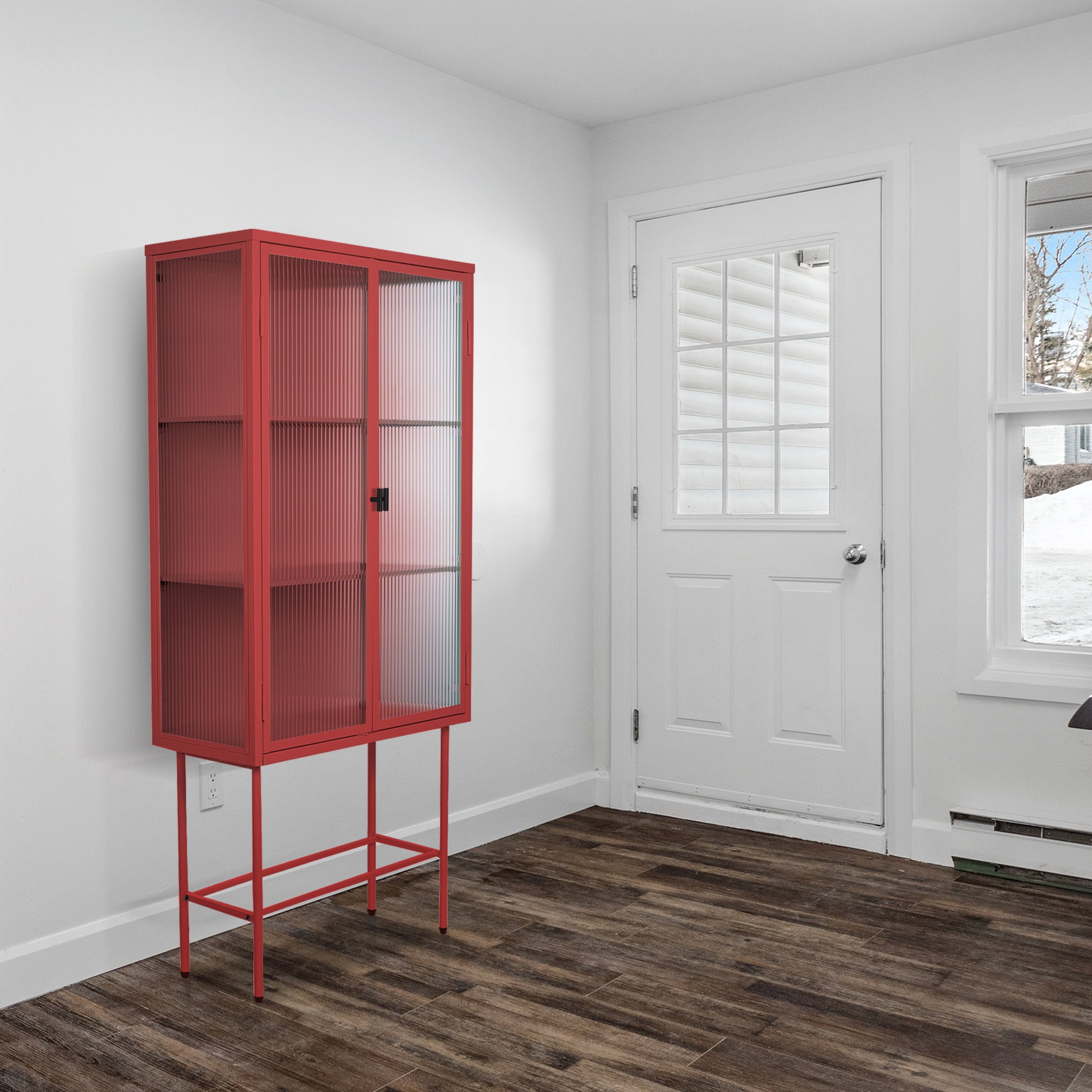 Retro Style Red Tall Freestanding Display Cupboard Stylish Fluted Glass Storage Cabinet With Glass Doors Three Detachable Shelves Bottom Space For Office Dining Room Living Room Old Sku:W68751710 Red Steel