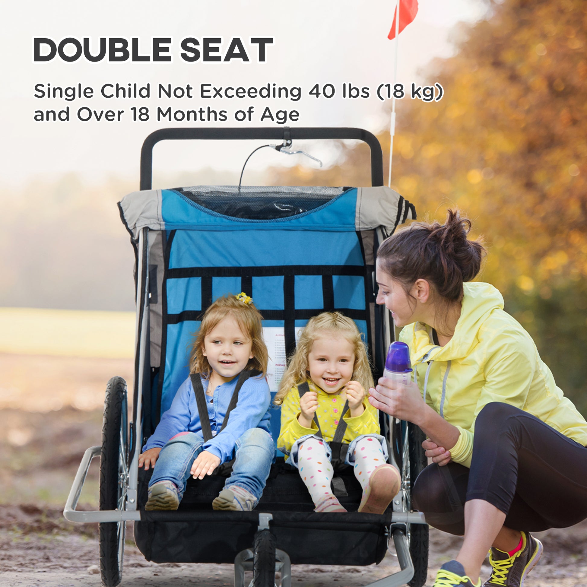 Aosom Elite Three Wheel Bike Trailer For Kids Bicycle Cart For Two Children With 2 Security Harnesses & Storage, Blue Blue Aluminum