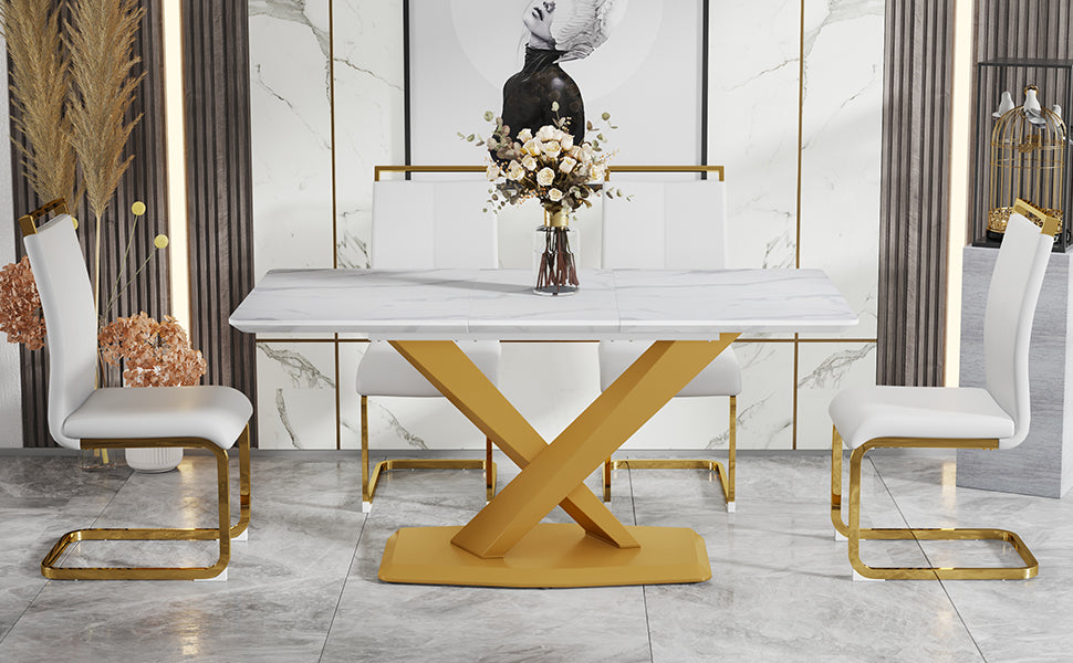 Table And Chair Set, The Table Is Equipped With A Marble Patterned Mdf Tabletop And Gold Table Legs.The Chair Is Equipped With Pu Synthetic Leather High Back Cushion And Gold Coated Metal Legs. Gold White Seats 4 Mdf Metal