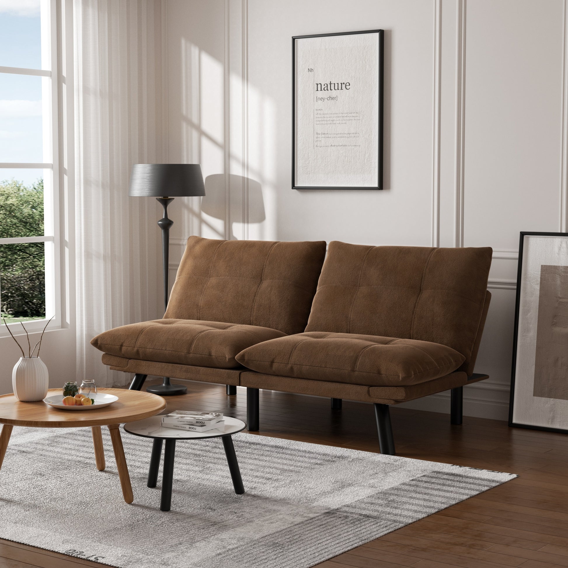 Leatehr Feeling Brown Convertible Folding Modern Sofa Bed White Wood Primary Living Space Light Duty Pine 2 Seat Brown Microfiber Medium Firm Pillow Back Modern Pillow Top Arms Foam Upholstered