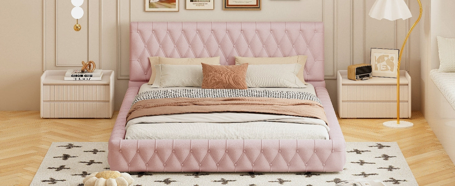 Queen Size Upholstered Bed With Tufted Headboard, Modern Velvet Platform Bedno Box Spring Required, Pink Queen Pink Solid Wood Mdf