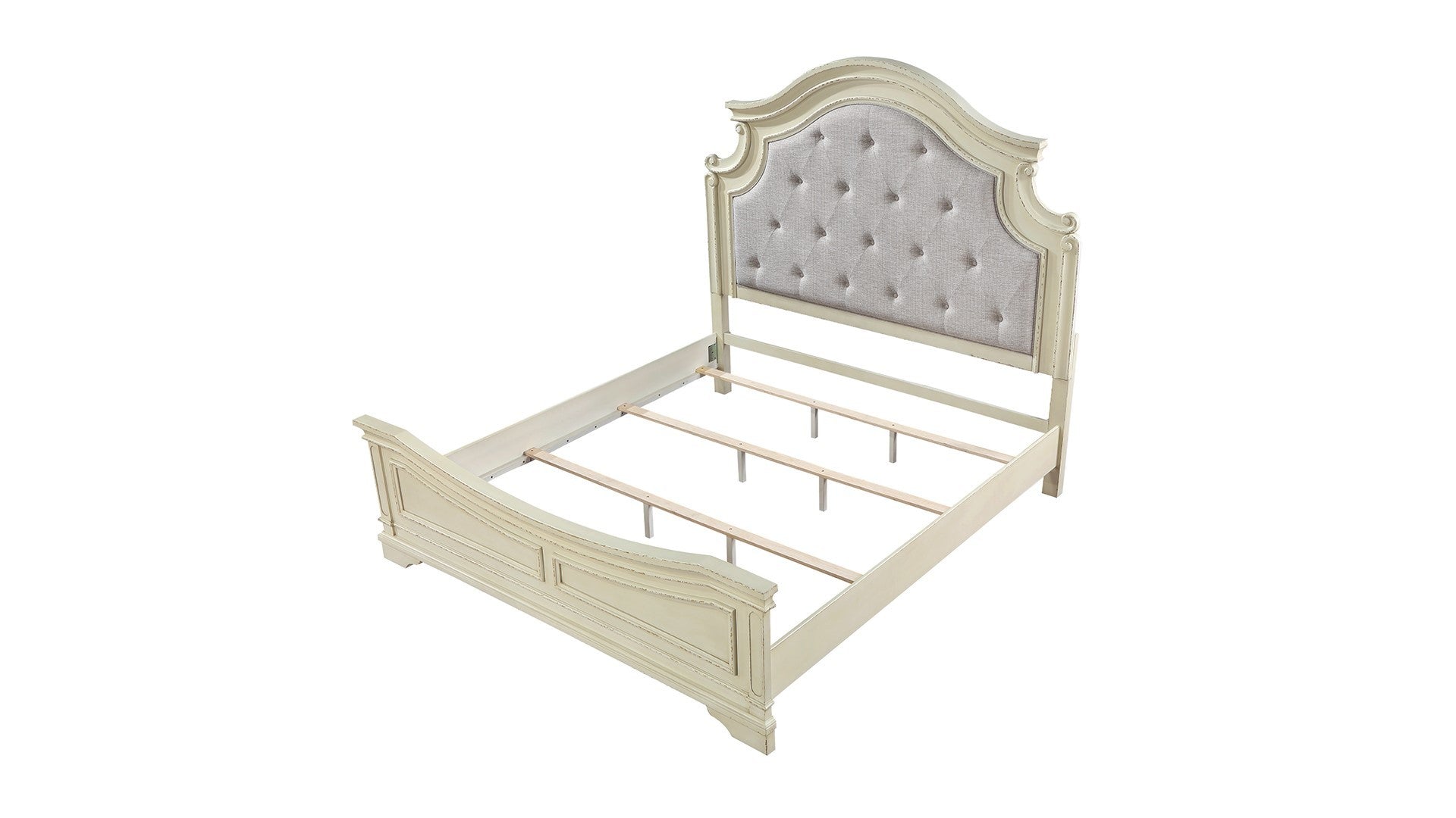 Noble Traditional Style King Bed With Button Tufted Upholstery Headboard Made With Wood In Antique Beige Box Spring Required King Beige Wood Bedroom Traditional Slat Beds Solid Wood Mdf Wood