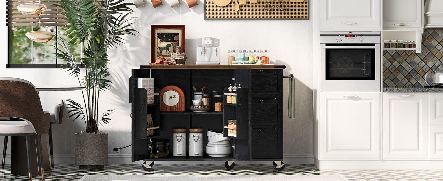 K&K 54.5" Farmhouse Kitchen Island With Power Outlet, Kitchen Storage Island With Internal Storage Rack, Drop Leaf, Spice Rack, Rolling Kitchen Cart On Wheels, For Home, Kitchen And Dining