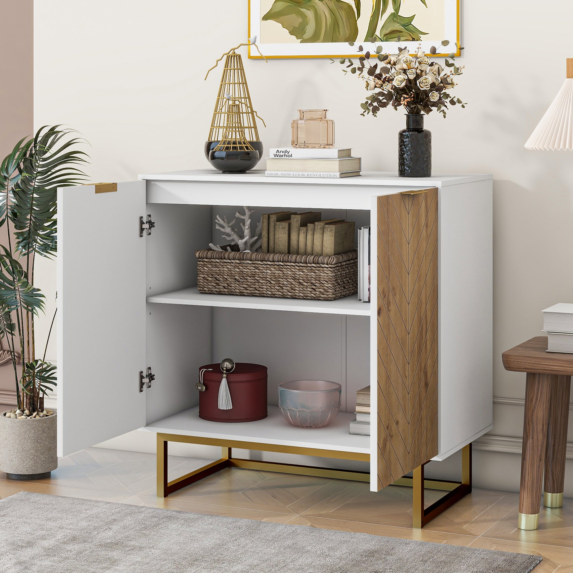 White And Gold Storage Cabinet With 2 Doors, Modern Buffet Sideboard Cabinet, Kitchen Buffet Cabinet With Storage Sideboard Buffet For Living Room Multicolor Particle Board