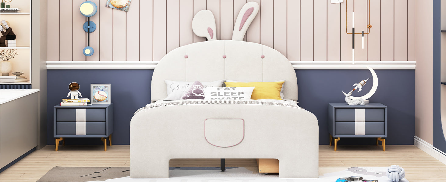 Full Size Velvet Platform Bed With Rabbit Shaped Headboard, With Drawers, With Bed End Storage Pocket, Beige Full Beige Plywood