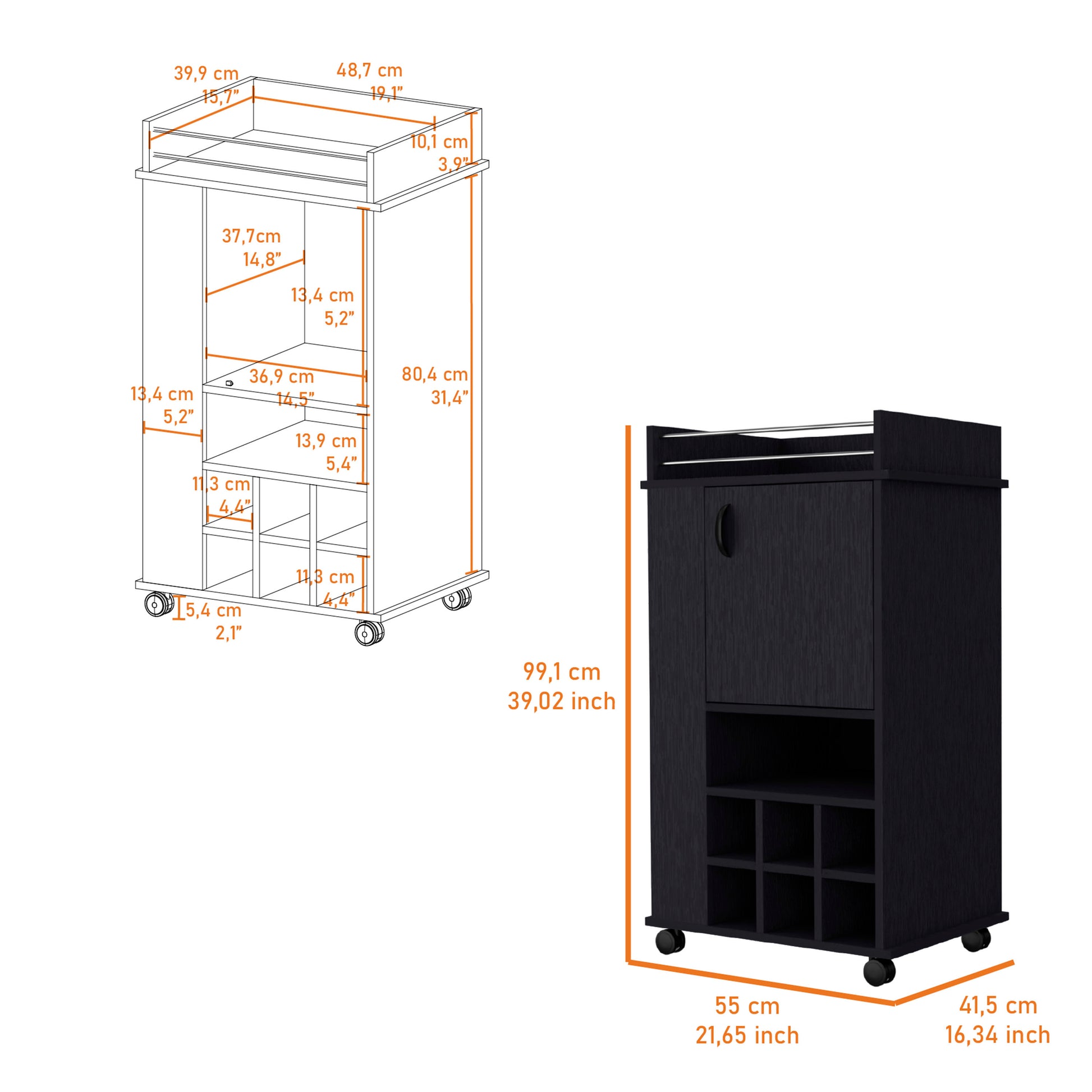 Farson Bar Cart With 2 Side Shelf, 6 Built In Wine Rack And Casters Black Contemporary Pine Particle Board Engineered Wood