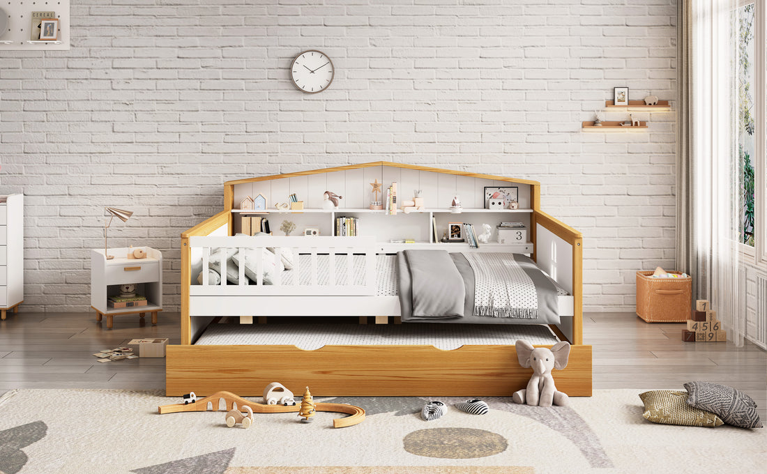 Full Size House Shape Daybed With Trundle And Bookcase Headboard Wooden Bed For Girls Boys Teens, No Box Spring Needed, Walnut And White Box Spring Not Required Full White Walnut Wood Bedroom Cute Pine Bed Frame Wood