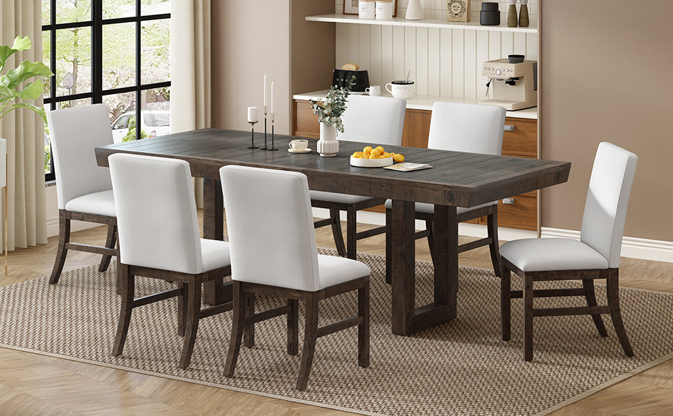 Traditional 7 Piece 72" Extendable Dining Table Set With 12Inch Butterfly Leaf And 6 Upholstered Dining Table Set, Brown Wood Dining Room Distressed Finish Rubberwood Rectangular Dining Table With Chair Wood Wood Brown Seats 6 72 Inches Butterfly Leaf