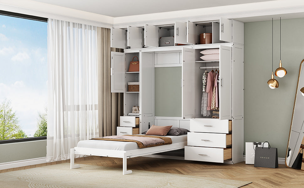 Twin Size Murphy Bed With Lockers And Wardrobes, With Installation Video, White Box Spring Not Required Twin White Murphy Solid Wood Mdf