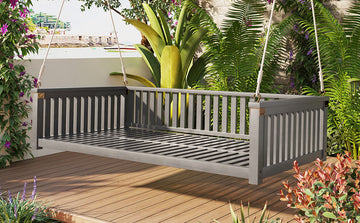 Patio Minimalist Twin Size Garden Swing Bed Wood Porch Swing With Ropes For Backyard, Safe Sloped Design, Gray Gray Weather Resistant Frame Garden & Outdoor Minimalist 2 Person Seating Group Acacia