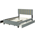 Queen Size Upholstered Platform Bed With 2 Drawers And 1 Trundle, Classic Metal Strip Headboard Design, Grey Queen Gray Mdf Lvl