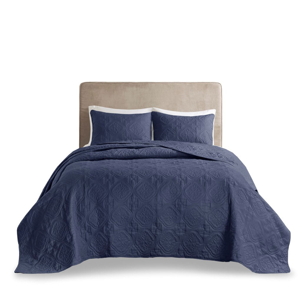 3 Piece Reversible Bedspread Set Navy King Cal King King Navy Polyester