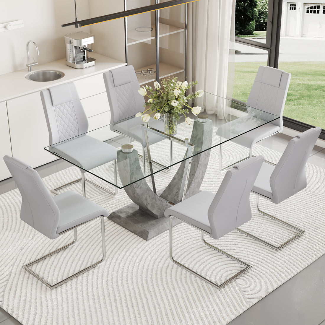 1 Table And 6 Chairs Set.Large Rectangular Table, Equipped With 0.39 Inch Tempered Glass Table Top And Mdf Table Legs.Paired With 6 Chairs With Faux Leather Padded Seats And Metal Legs.F 907,C 001 Transparent Mdf Glass