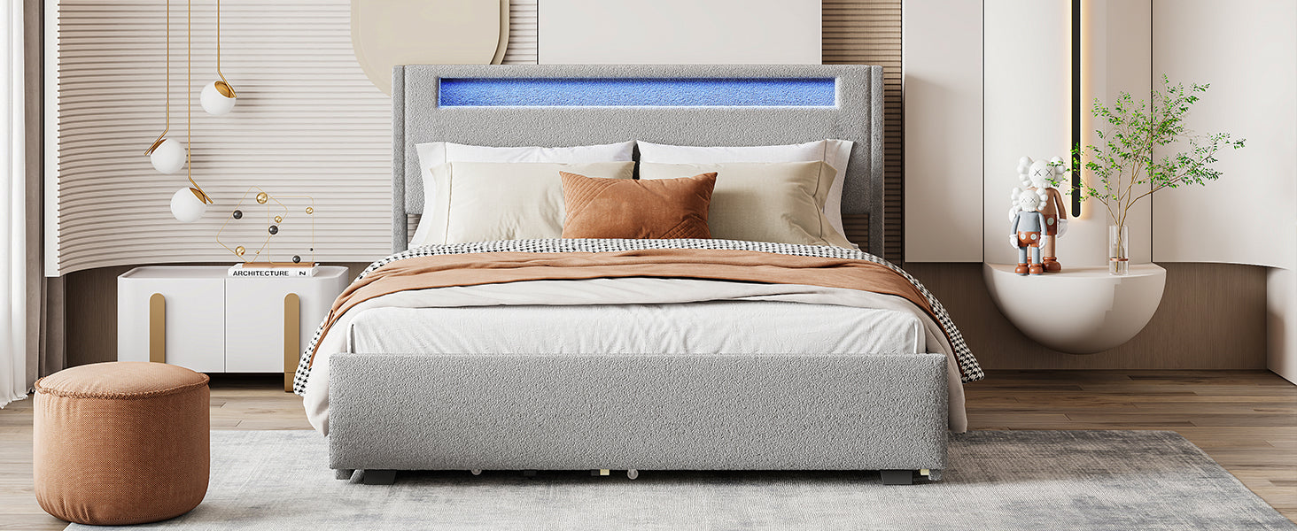 Queen Size Upholstered Platform Bed With Led Frame, With Twin Xl Size Trundle And 2 Drawers, Teddy Fleece, Gray Gray Fleece