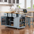 K&K 53Inch Large Kitchen Island With 2 Bar Stools, Power Outlet,Door Internal Storage Rack,Kitchen Storage Cart On 5 Wheels With Drop Leaf,5 Open Side Racks,3 Drawers For Kitchen,Dining Room,Grey Blue Grey Blue Gray Kitchen