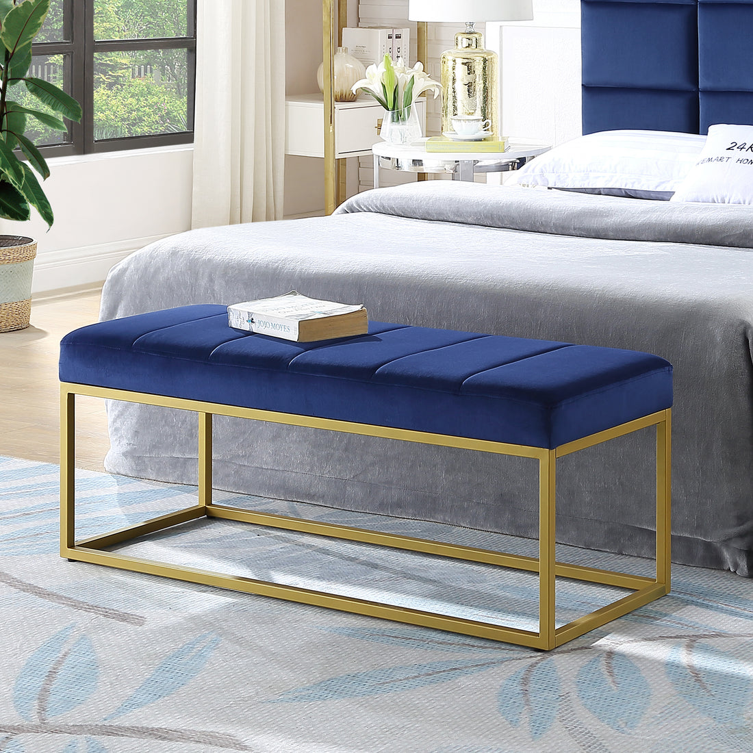 Modern Tufted Channel Entryway Bench Emerald Velvet Upholstered End Of Bed Bench With Metal Frame,Footboard Bench For Living Room, Bedroom Navy Foam Velvet