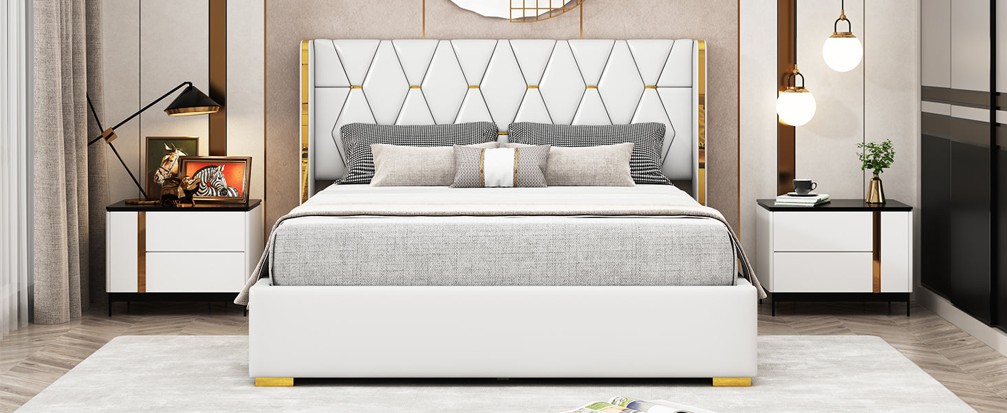 Queen Size Upholstered Platform Bed With Metal Strips, Off White Queen Off White Pu