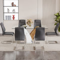 Table And Chair Set.Modern Dining Table, Tempered Glass Countertop With Artistic Mdf Legs.Paried With 6 Comfortable Chairs With Pu Seats And Metal Legs. Suitable For Various Decoration Styles. Gray,Transparent Seats 6 Mdf Glass