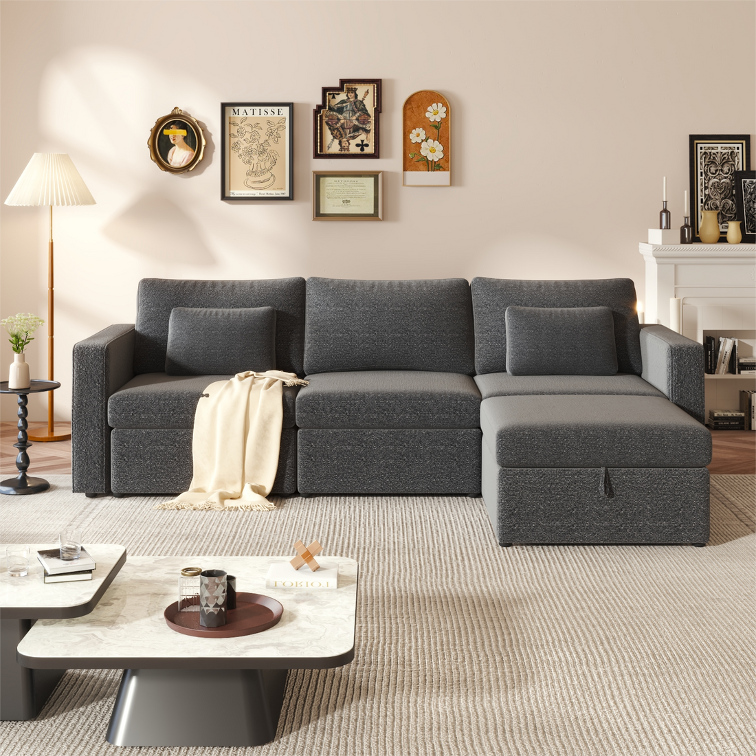 Modern Cotton Linen L Shape Sectional Sofa, Oversized Upholstery Sectional Sofa, Chaise Couch With Storage Ottomans For Living Room Loft Apartment Office Dark Gray 4 Seats Wood Primary Living Space Medium Duty Pine 4 Seat Dark Gray Linen Medium Soft