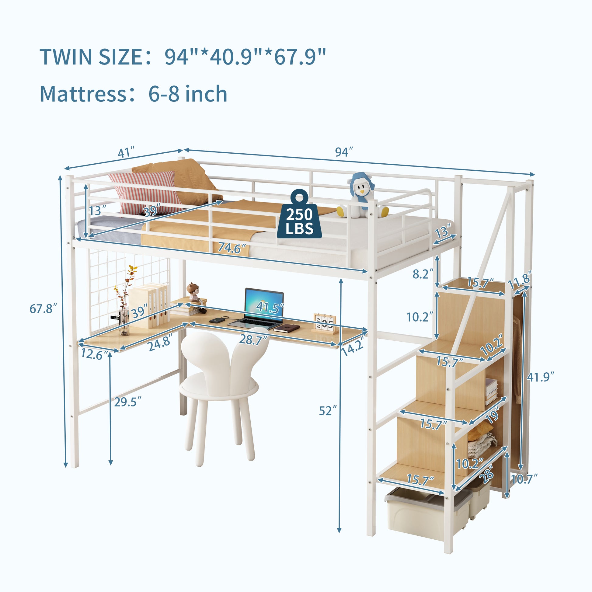 Twin Loft Bed With Desk And Storage Wardrobe, Heavy Duty Loft Bed With Stairs And Metal Grid, Twin Size Loft Bed, No Box Spring Needed, White Loft Bed Twin Size White Box Spring Not Required Twin