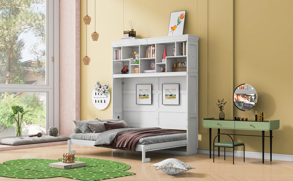 Queen Size Murphy Bed Wall Bed With Top Shelves & Usb,White Queen White Plywood