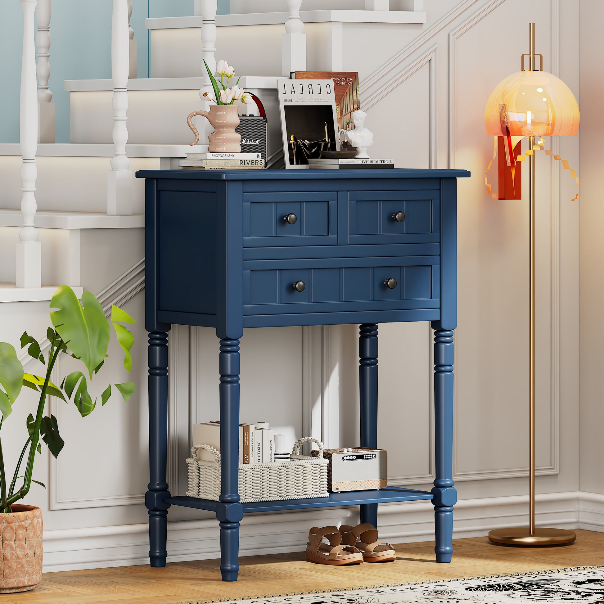 Narrow Console Table, Slim Sofa Table With Three Storage Drawers And Bottom Shelf Navy Navy Solid Wood Mdf