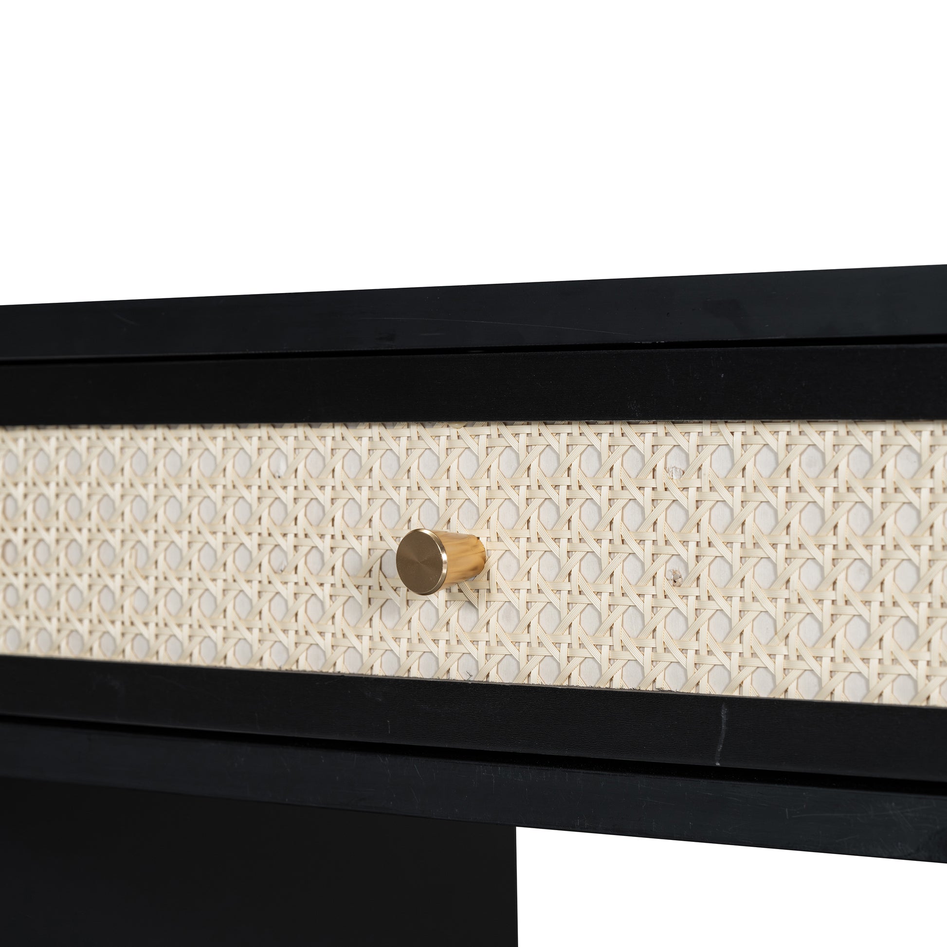 39" Retro Bohemian Style Wooden Makeup Vanity Set With Charging Plug&Usb Port And Stool, Dressing Table With 3 Storage Drawers And 1 Rectangular Rattan Drawer, Black Black 4 Drawers Wood