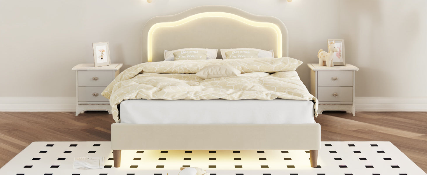 Full Size Velvet Upholstered Smart Led Bed Frame With Adjustable Height Headboard,No Box Spring Needed,Easy Assembly,Beige Box Spring Not Required Full Beige Wood Bedroom Cute,Modern Bed Frame Wood