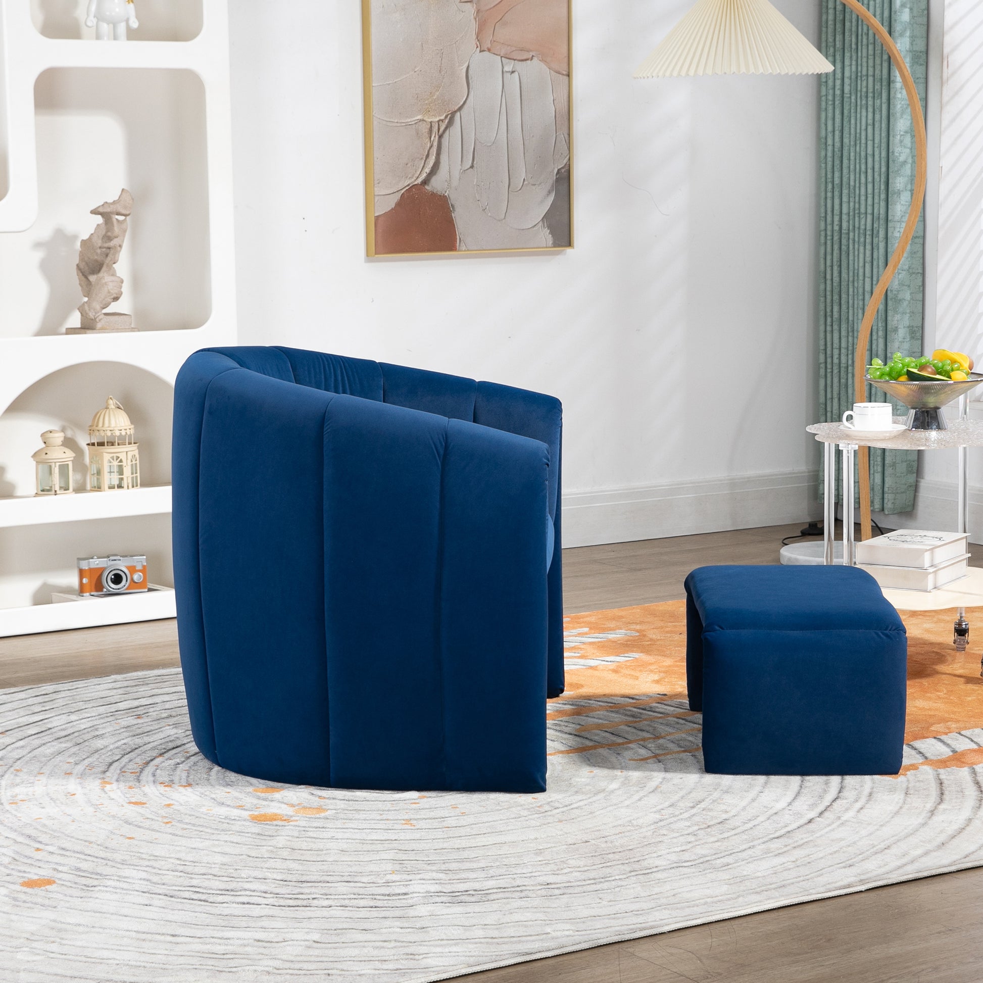 Coolmore Accent Chair With Ottoman, Mid Century Modern Barrel Chair Upholstered Club Tub Round Arms Chair For Living Room Bedroom Office Navy Velvet Navy Foam Velvet