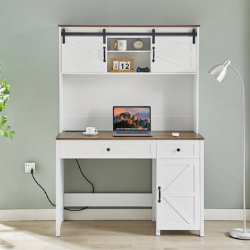 52" Farmhouse Executive Desk With Drawers, Wood Home Office Desk W Charging Station, File Drawer, Storage Cabinet, Rustic Computer Writing Desk Antique White White White Particle Board