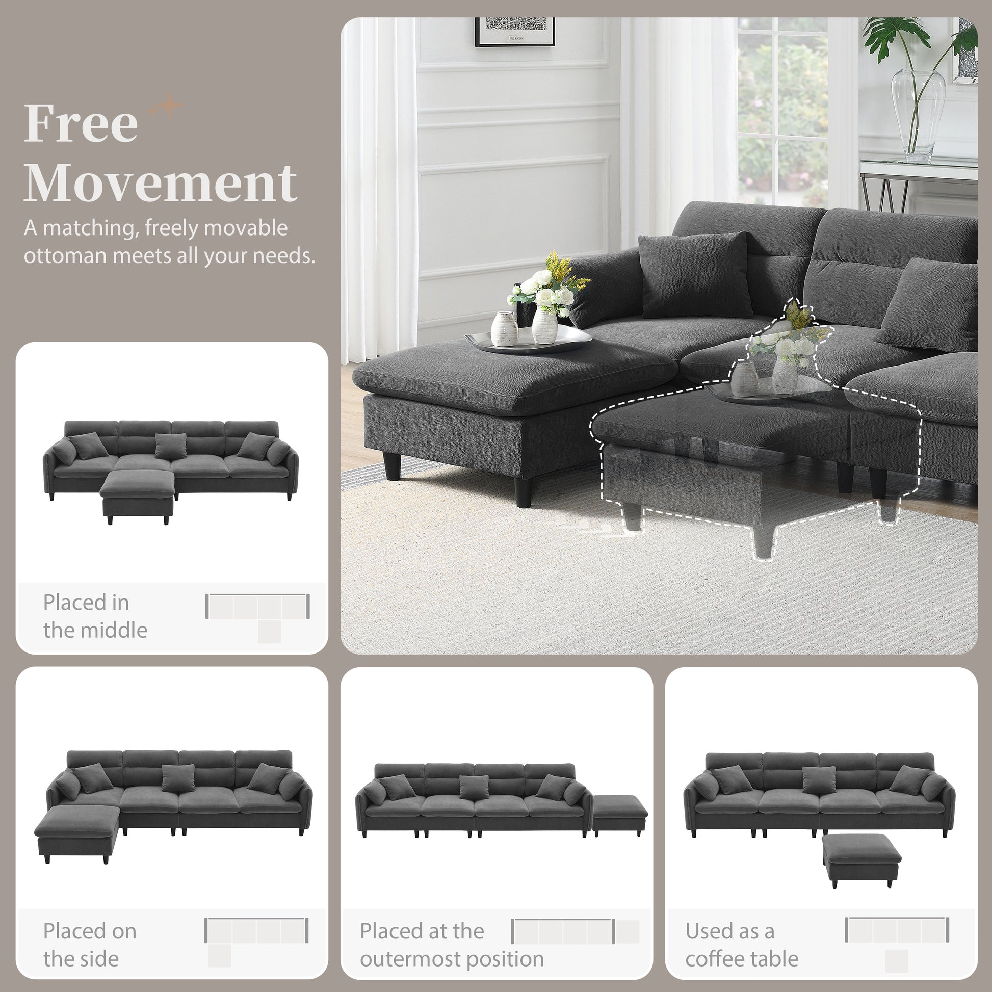 110*62" Modern Convertible Sectional Sofa,L Shaped Reversible Couch Set With Free Pillows,5 Seat Cloud Chenille Indoor Furniture With Ottoman For Living Room,Apartment,3 Colors Gray Chenille 5 Seat