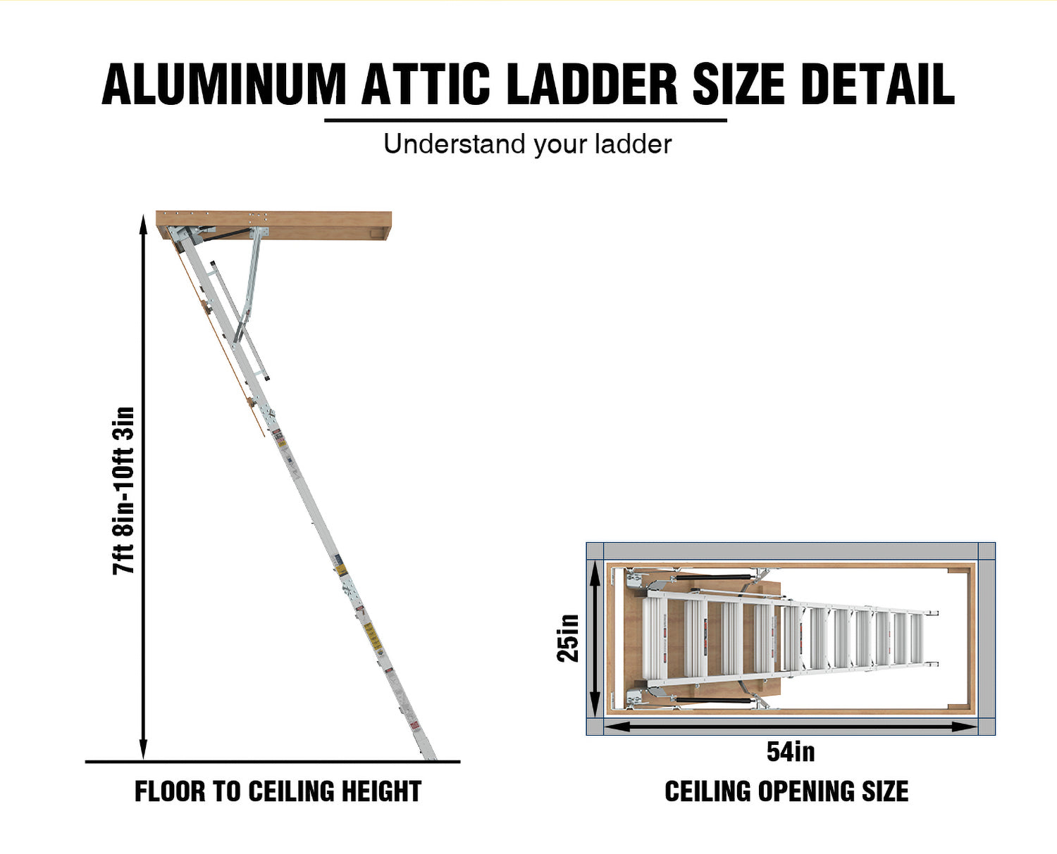 Household Aluminum Attic Ladder 25" X 54" ,375 Lbs Capacity, 7'8" 10'3" Ceiling Height Grey Aluminium Alloy