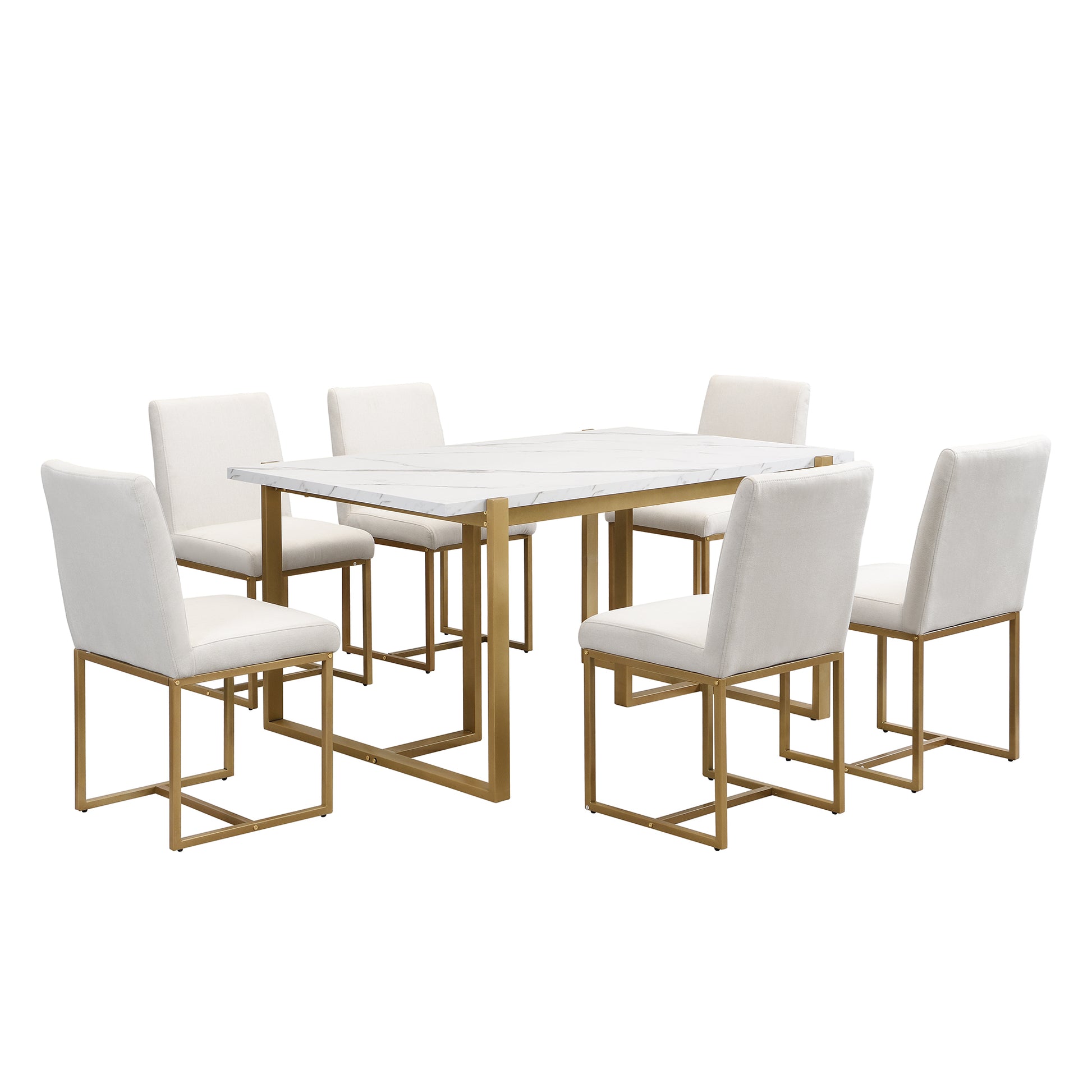 Modern Dining Table Set For 6 Faux Marble Kitchen Table Set With 6 Upholstered Dining Chairs, 7 Piece, White Golden Metal Dining Room Fixed Table Rectangular Dining Table With Chair And Bench Metal