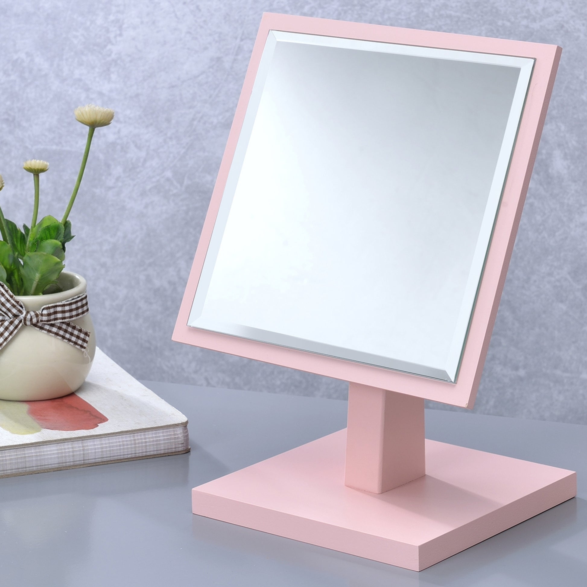 9.5" Tall Polyresin And Wood Make Up Mirror On A Pedestal, Pastel Pink Finish Pink Wood
