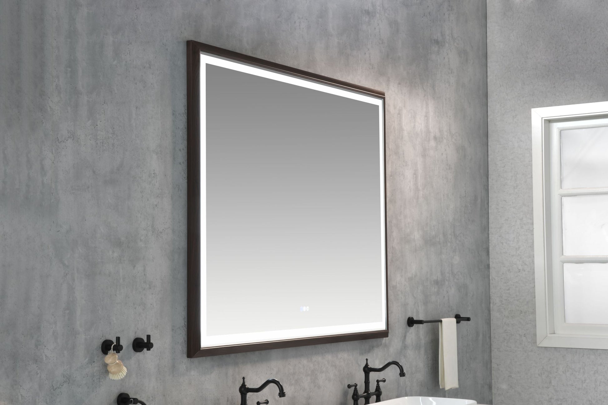 Bathroom Led Mirror Is Multi Functional And Each Function Is Controlled By A Smart Touch Button. Brown Aluminium