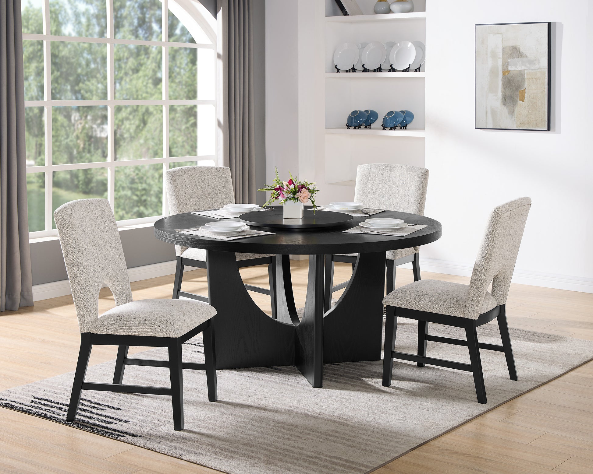 1Pc Modern Round Table Top Black Finish W Lazy Susan Wooden Dining Room Furniture Contemporary Black Seats 6 Dining Room Contemporary,Modern Round Round Kitchen & Dining Tables Wood Pedestal