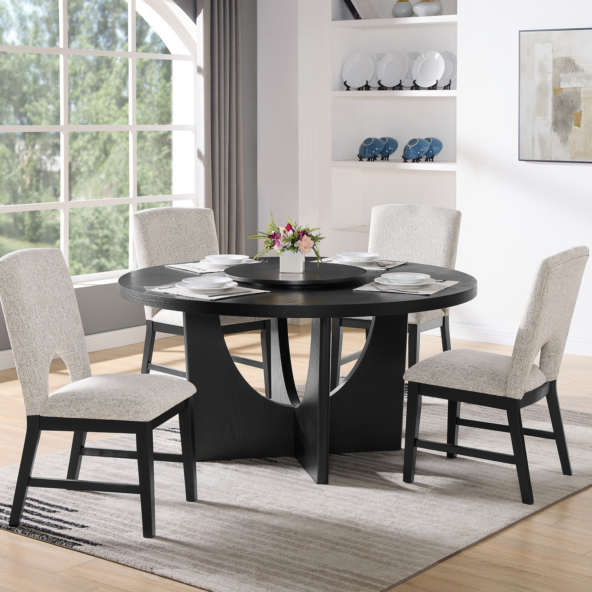 5Pc Modern Round Table Black Finish W Lazy Susan Wooden Contemporary 4X Side Chair Upholstered Seat Dining Room Wooden Fabric Wood Furniture Wood Wood Black Seats 6 Wood Dining Room 60 Inches Contemporary,Modern Pedestal Round Dining Table With Chair