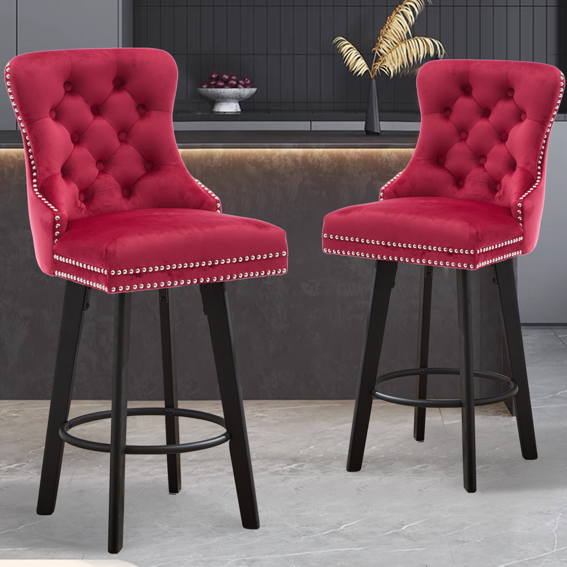 Modern Swivel Bar Stools Velvet Barstools Button Tufted Bar Stools Rivet Trim Bar Stools For Kitchen Island,Bistro, With Metal Pull Ring Sturdy Footrest Large Backrest For Home Bar Red Velvet