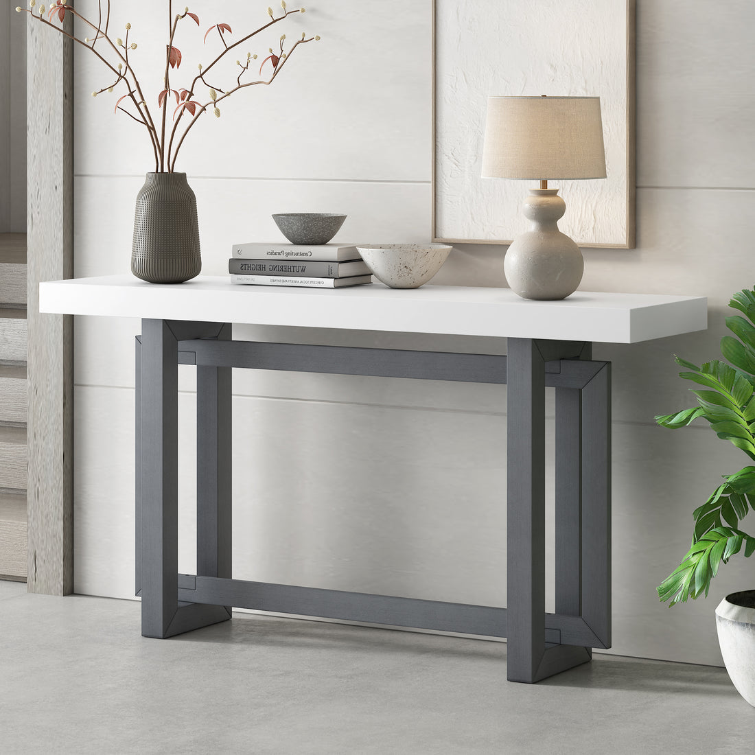 Contemporary Console Table With Wood Top, Extra Long Entryway Table For Entryway, Hallway, Living Room, Foyer, Corridor Dark Gray White Solid Wood Mdf