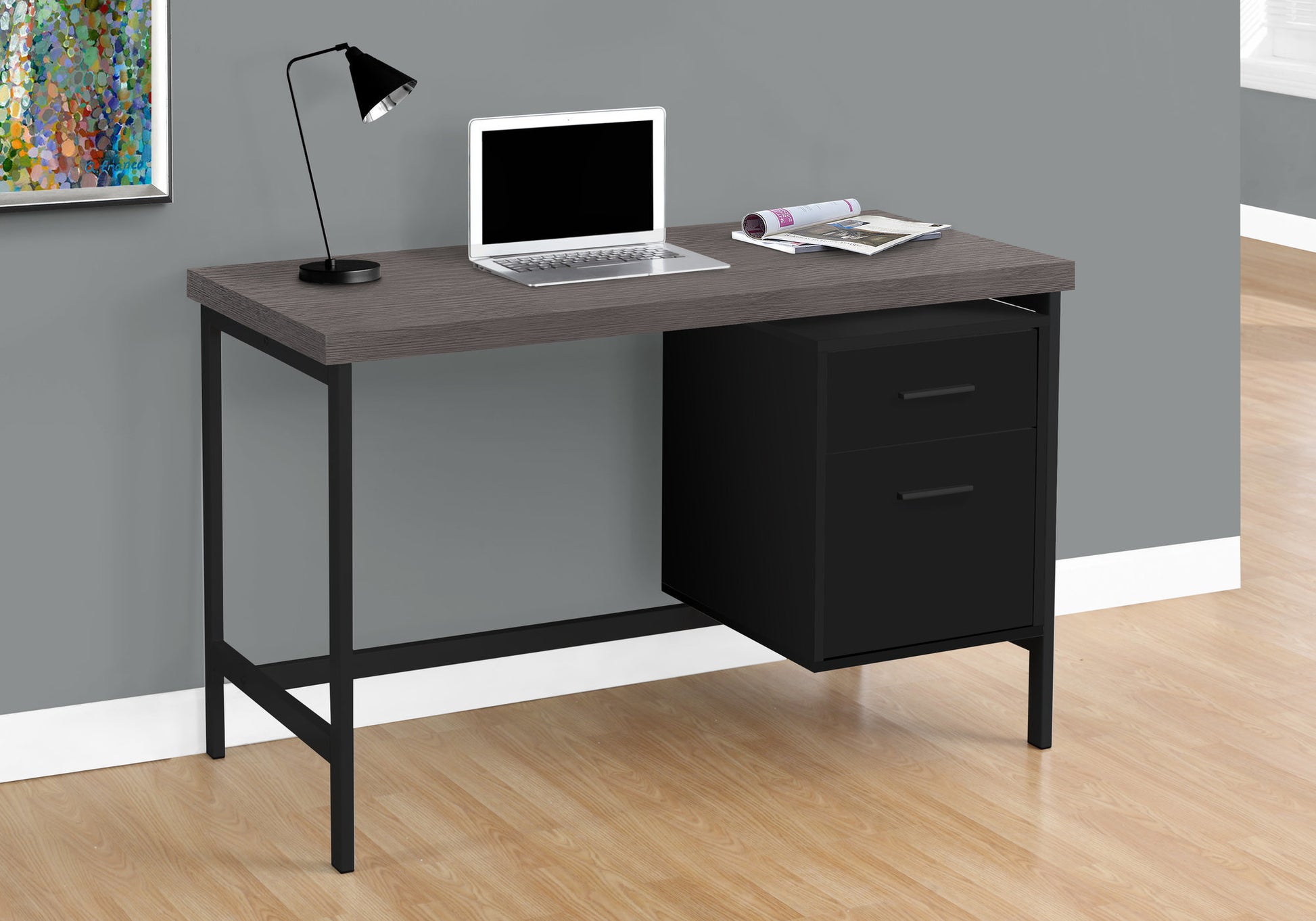 Computer Desk, Home Office, Laptop, Left, Right Set Up, Storage Drawers, 48"L, Work, Black And Grey Laminate, Black Metal, Contemporary, Modern Black Particle Board