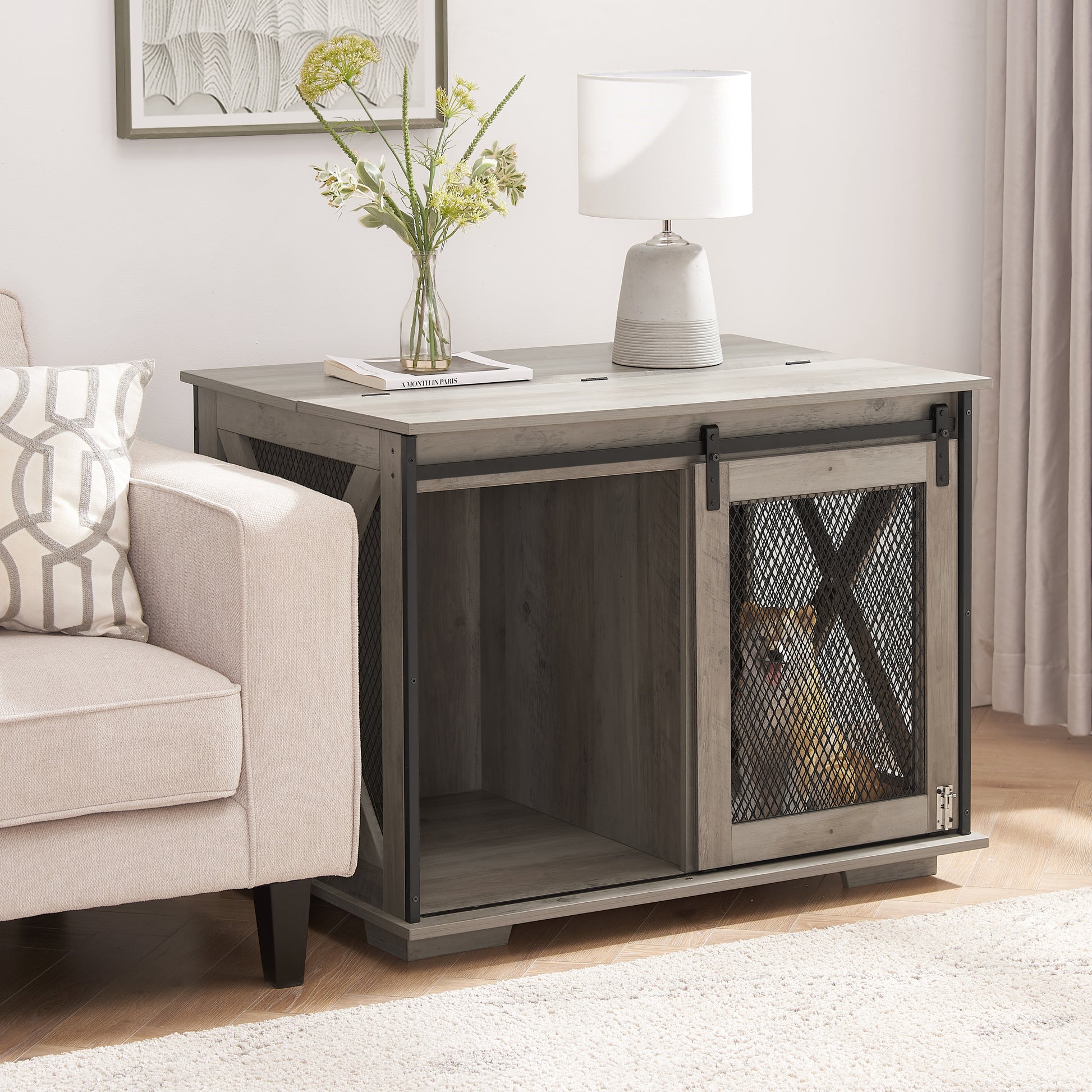 Farmhouse Dog Cage Crate Furniture With Sliding Barn Door, Farmhouse Wooden Dog Kennel End Table With Flip Top Plate Dog House With Detachable Divider For Small Medium Large Dog Gray Gray Wash Mdf