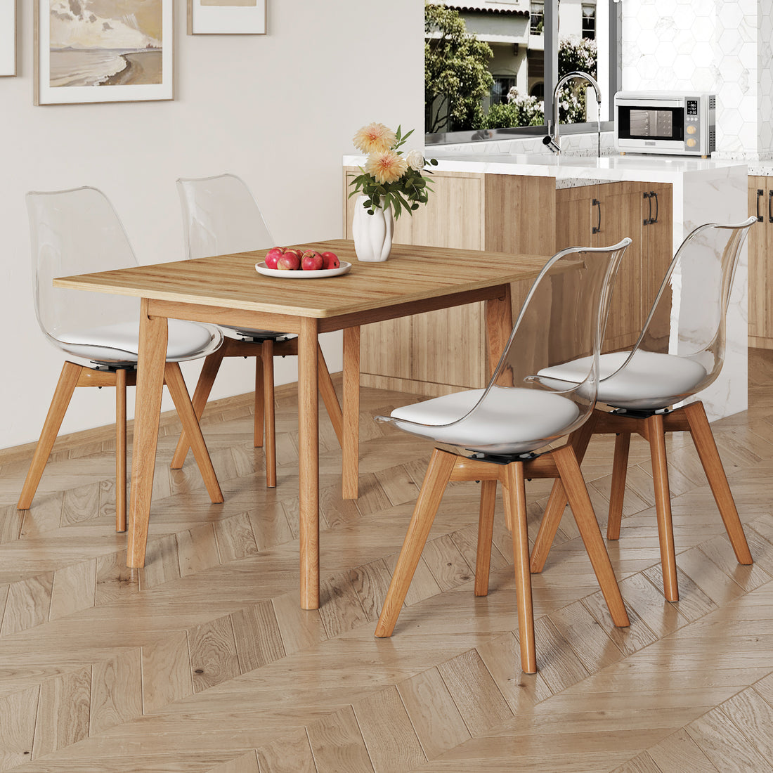 Wood Colored Mfc Desktop With Rubber Wooden Legs, Foldable Computer Desk, Foldable Office Desk, 4 Modern Chairs Can Rotate 360 Degrees,The Seat Cushion Is Made Of Pu Material. Zd 1545 C 1162 Wood Wood