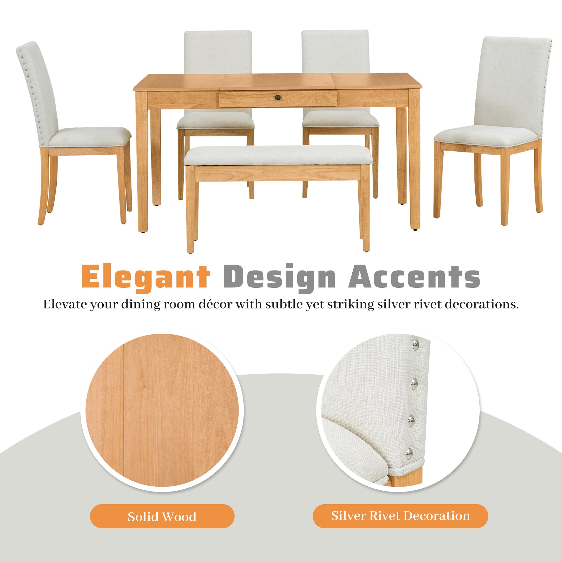 Farmhouse 6 Piece Dining Table Set With Storage Table, Kitchen Table Set With Drawer, Storable Bench And Upholstered Dining Chairs, Natural Beige Wood Dining Room Bench Seating Acacia Rectangular Dining Table With Chair And Bench Upholstered Chair Wood